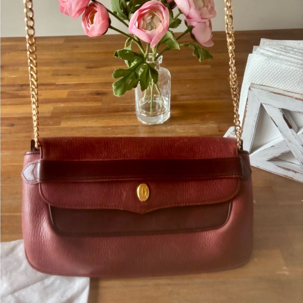 Pre-Loved Cartier Burgundy Shoulder Clutch with an aftermarket chain
